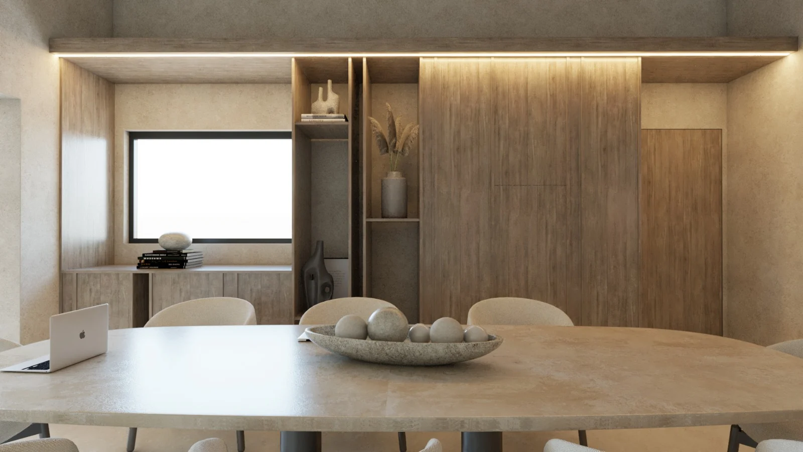 SDC — Smile Dental Center — Close view of the meeting table with a stone bowl, in front of timber cabinetry with lit open shelves