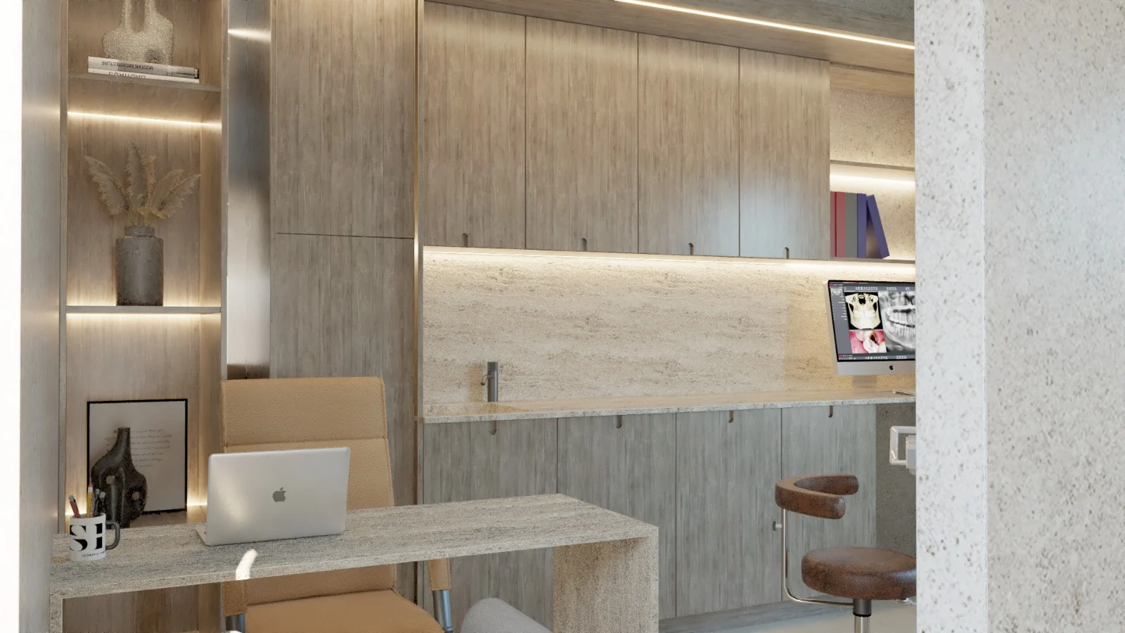 SDC — Smile Dental Center — Office with a stone desk and a tan chair in front of timber cabinets and a lit stone backsplash