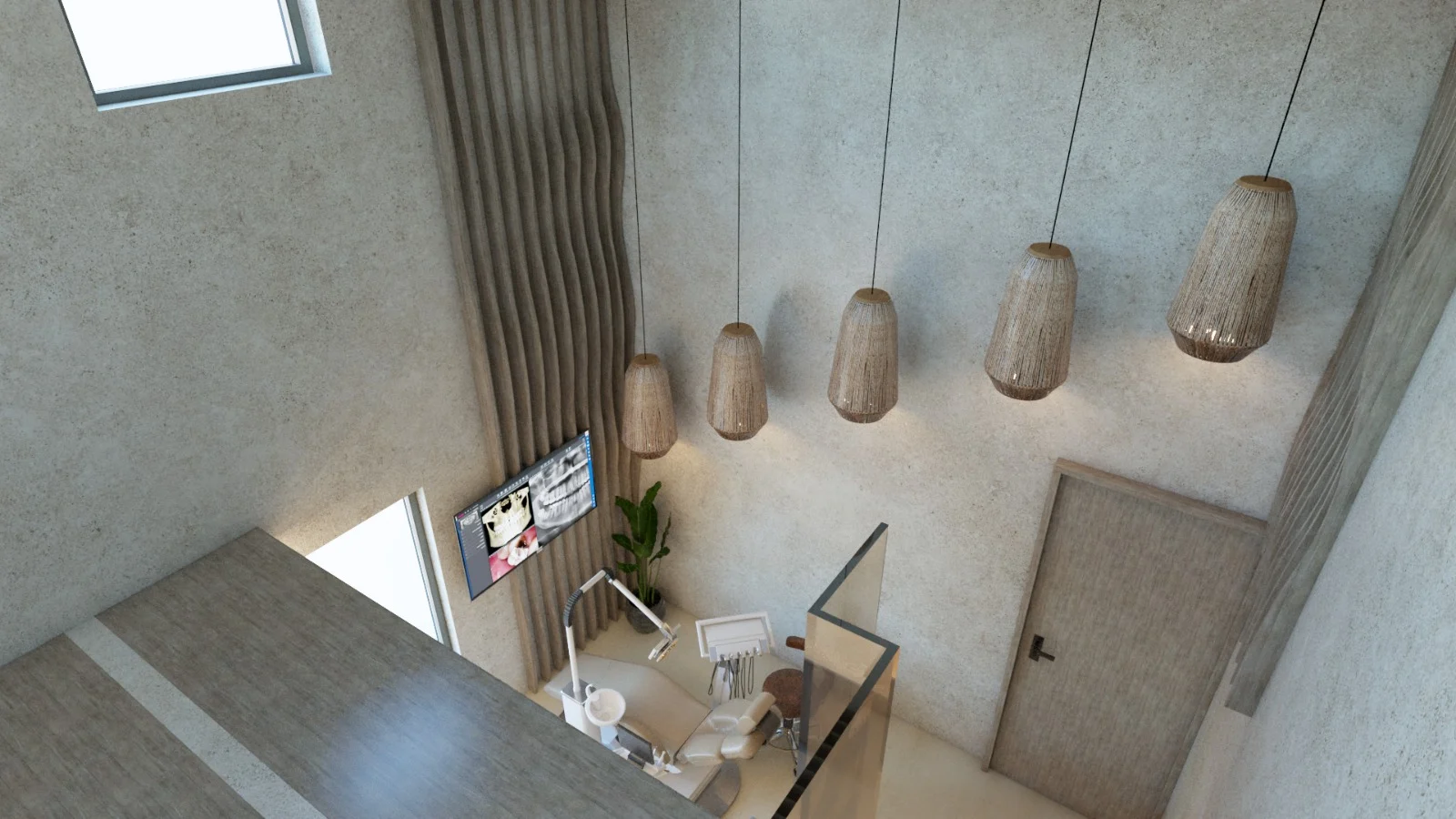 SDC — Smile Dental Center — View from above of five woven pendants hanging through a double-height space over a treatment room