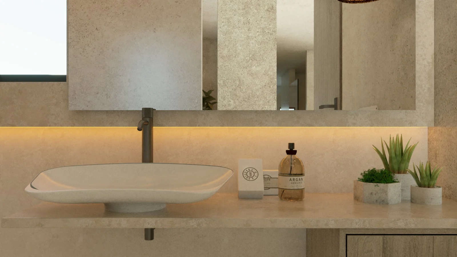 SDC — Smile Dental Center — Vessel basin on a stone counter under a wide mirror, with a line of warm light along the wall
