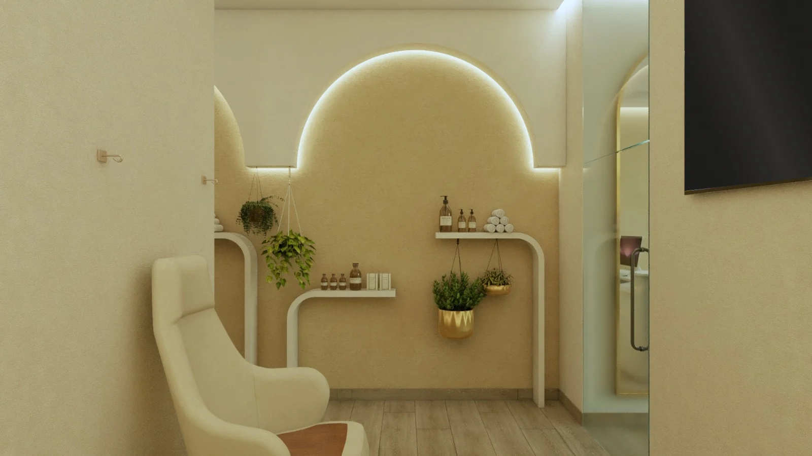 Soji Medspa — Corner with a cream high-back chair in front of a backlit arch, curved white shelves and hanging plants