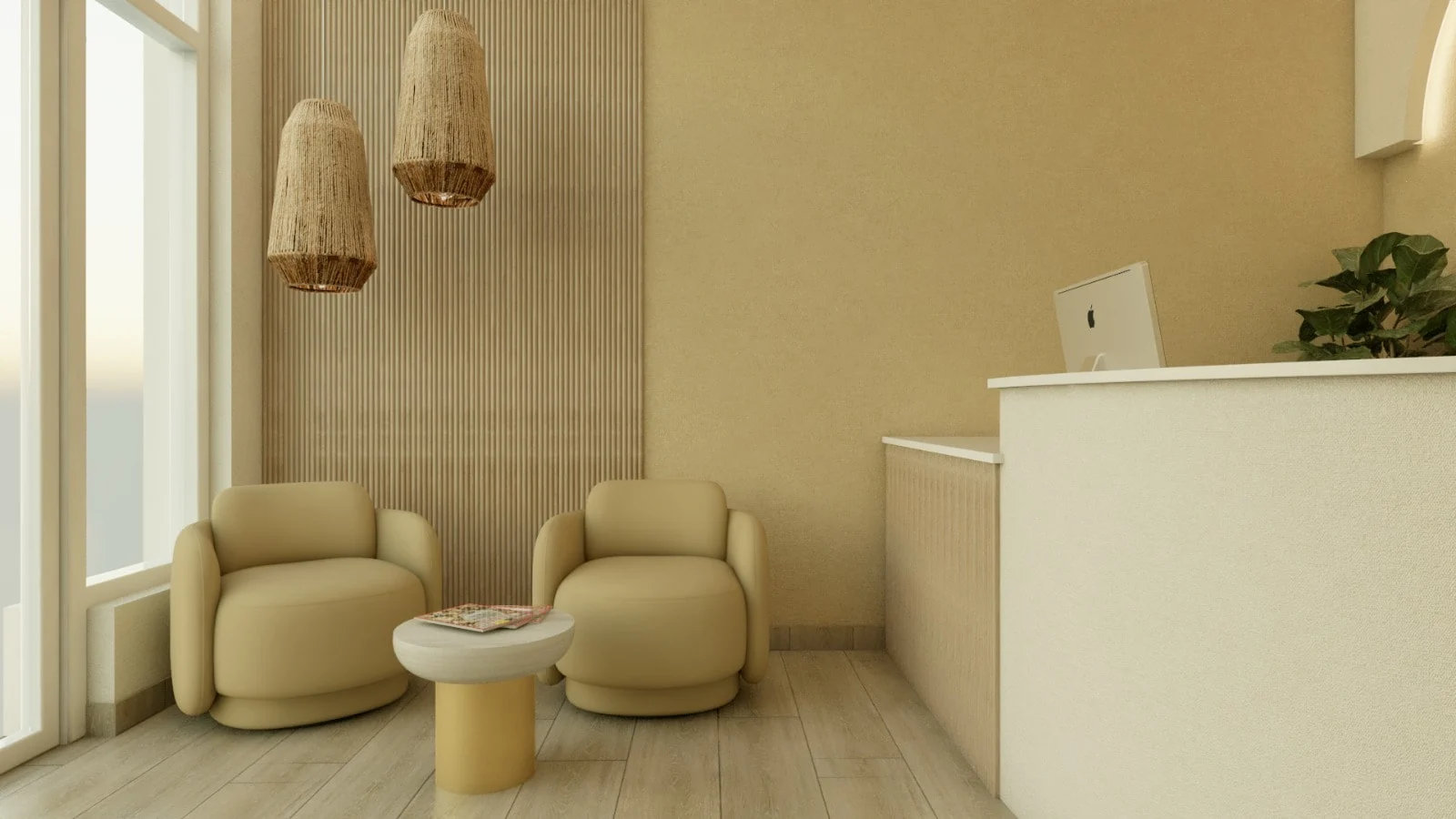 Soji Medspa — Waiting area with two pale yellow armchairs under woven pendant lamps, beside the reception counter
