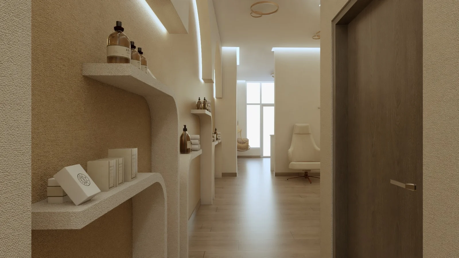 Soji Medspa — Corridor lined with curved white wall shelves of amber bottles, leading to a lounge chair by a window