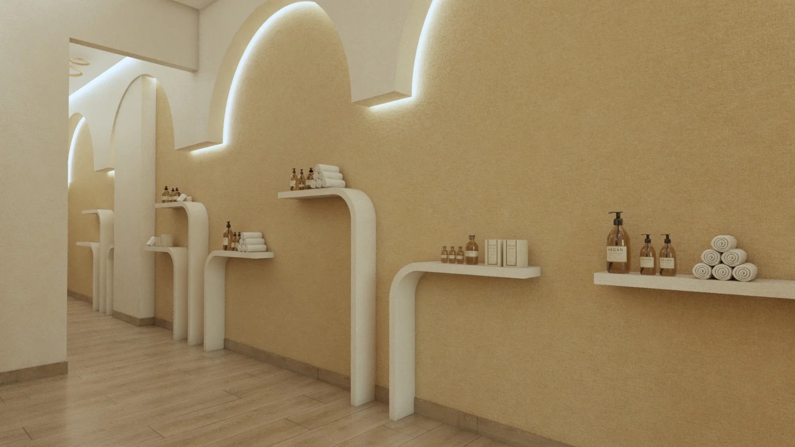 Soji Medspa — Long wall of curved white shelves with amber bottles and rolled towels under backlit arches