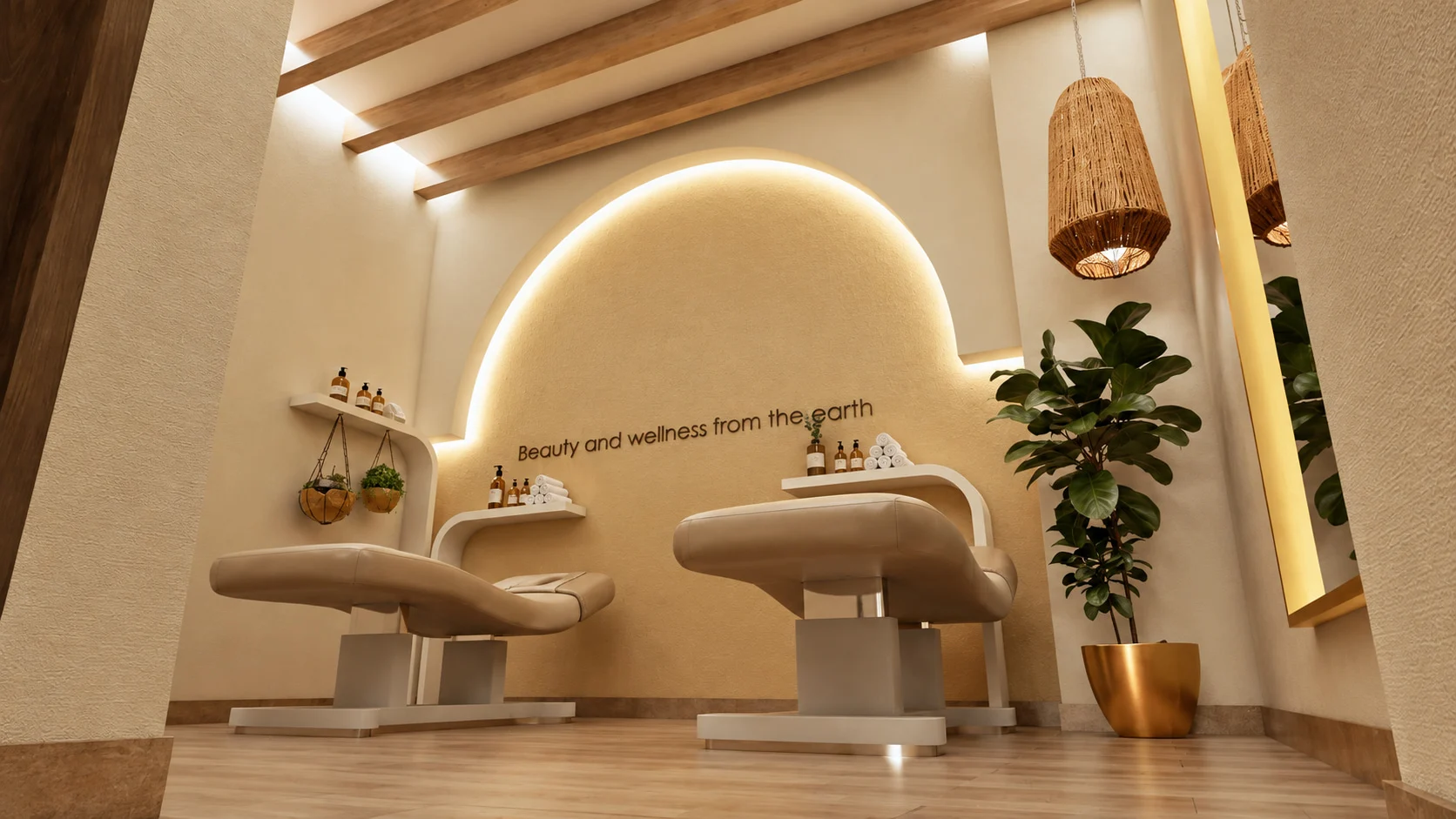 Soji Medspa — Treatment room with two beige beds in front of a large backlit arch lettered “Beauty and wellness from the earth”, under timber beams