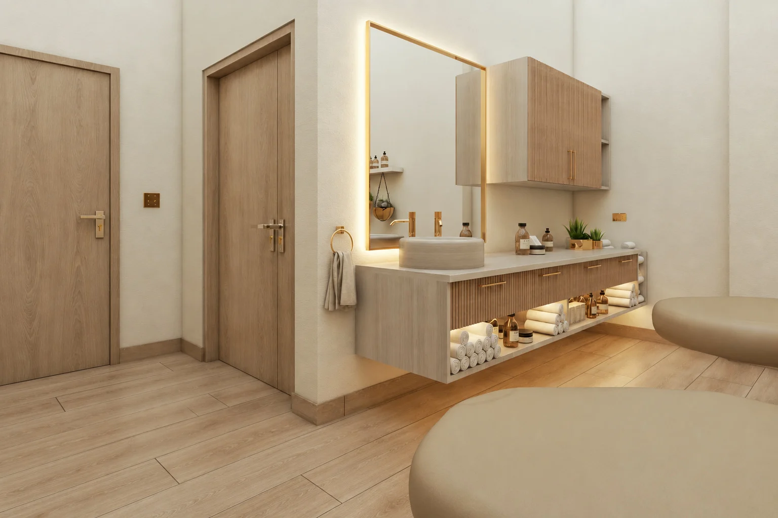 Soji Medspa — Treatment room vanity with a stone vessel basin on a floating fluted-wood cabinet, a backlit mirror and brass taps