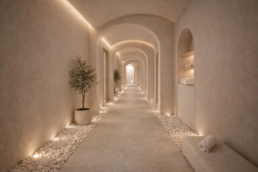 Spa & Wellness — Arched corridor edged with lit white pebbles, potted trees and a niche of folded towels