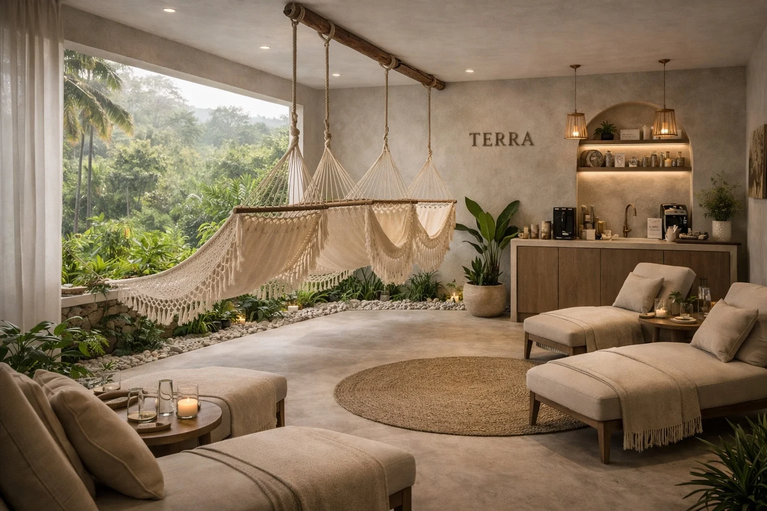 TERRA Spa — Relaxation lounge with a fringed macramé hammock, upholstered loungers and a view of tropical greenery