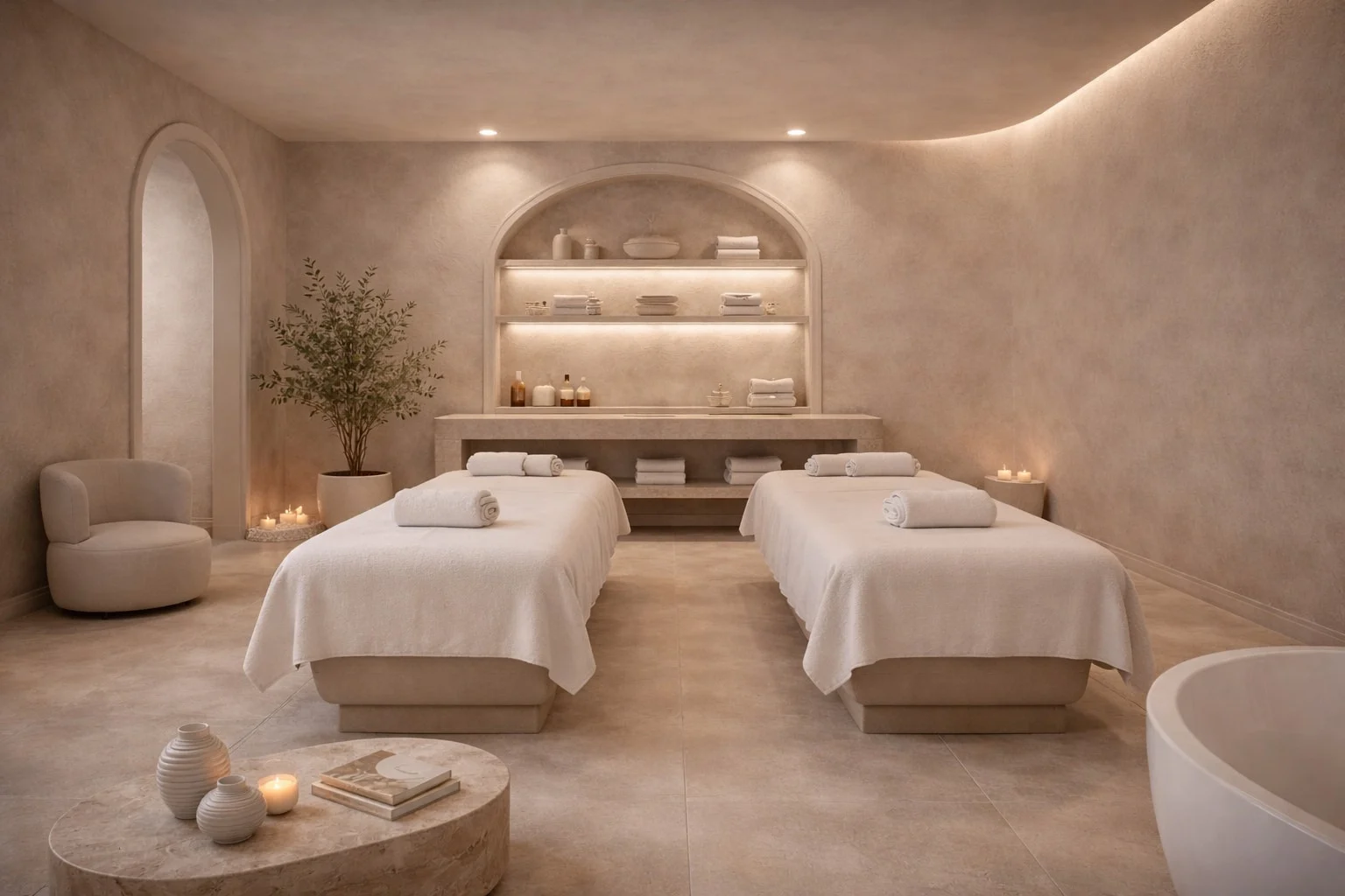 TERRA Spa — Treatment room with two towel-draped massage tables in front of a lit arched niche of shelves