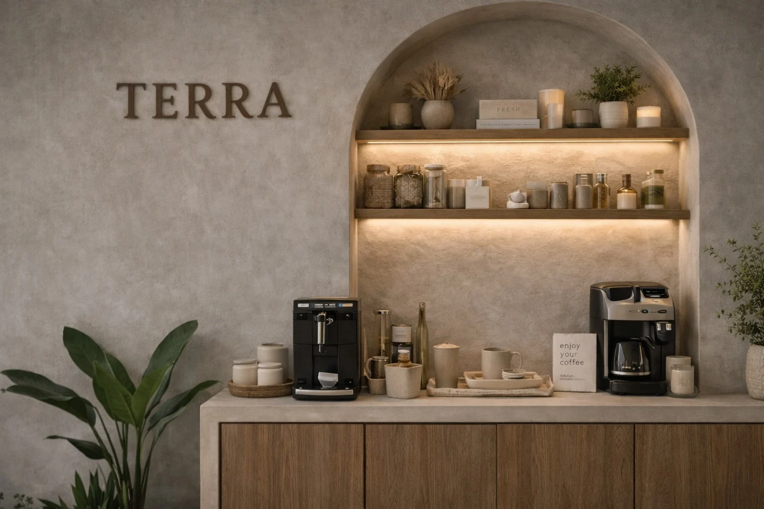 TERRA Spa — Coffee station with two coffee machines on a wood cabinet, beside the “TERRA” wall lettering