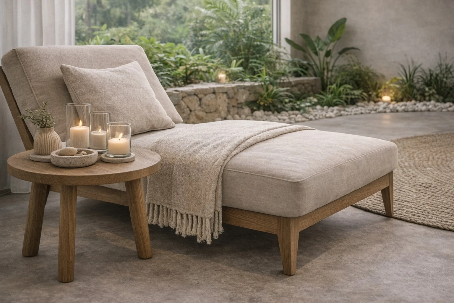 TERRA Spa — Detail of an upholstered lounger with a fringed throw beside a wood side table with candles