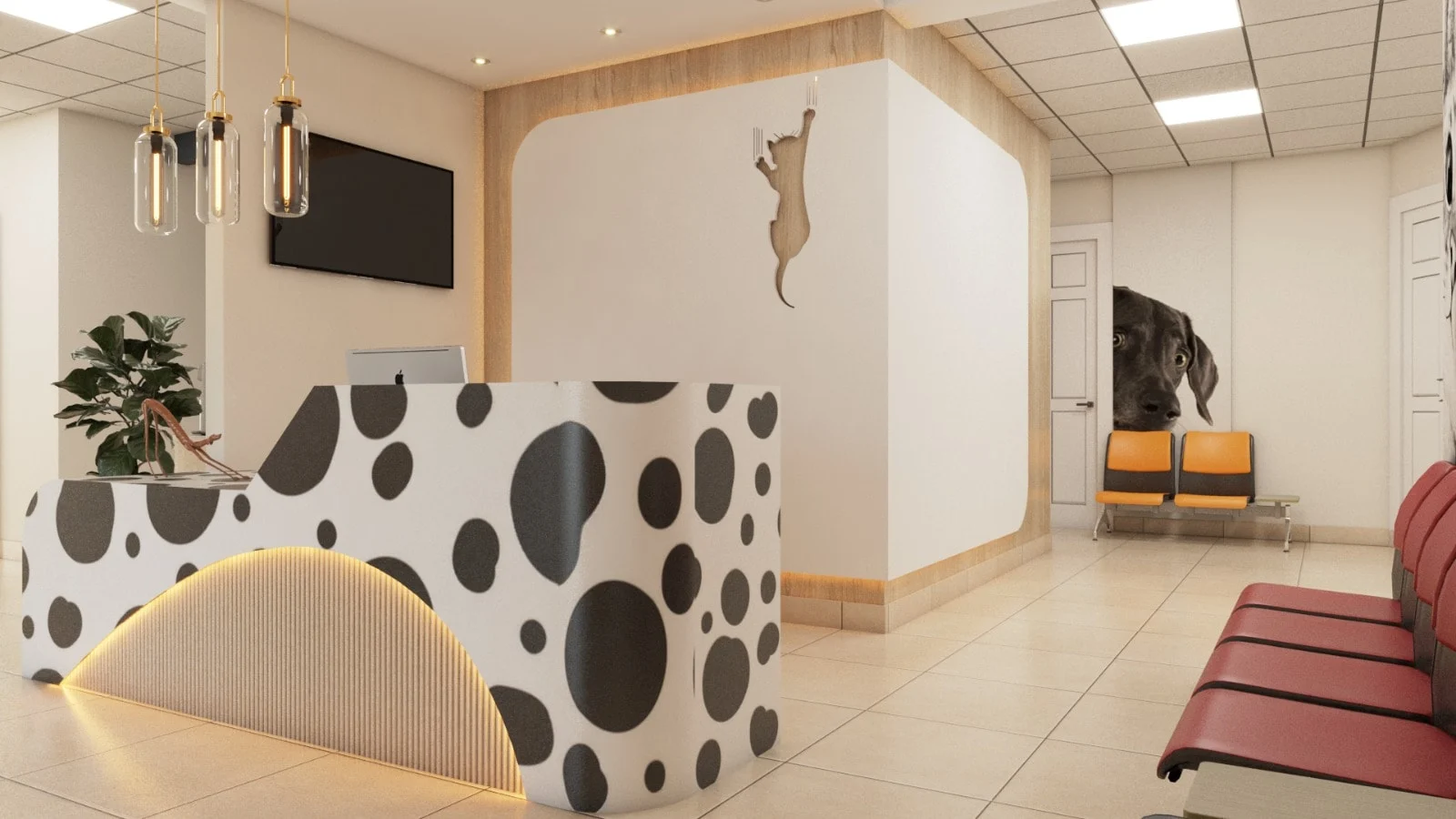 Veterinary Clinic — Reception with a Dalmatian-spot desk, glass pendant lights and a climbing cat silhouette on the wall