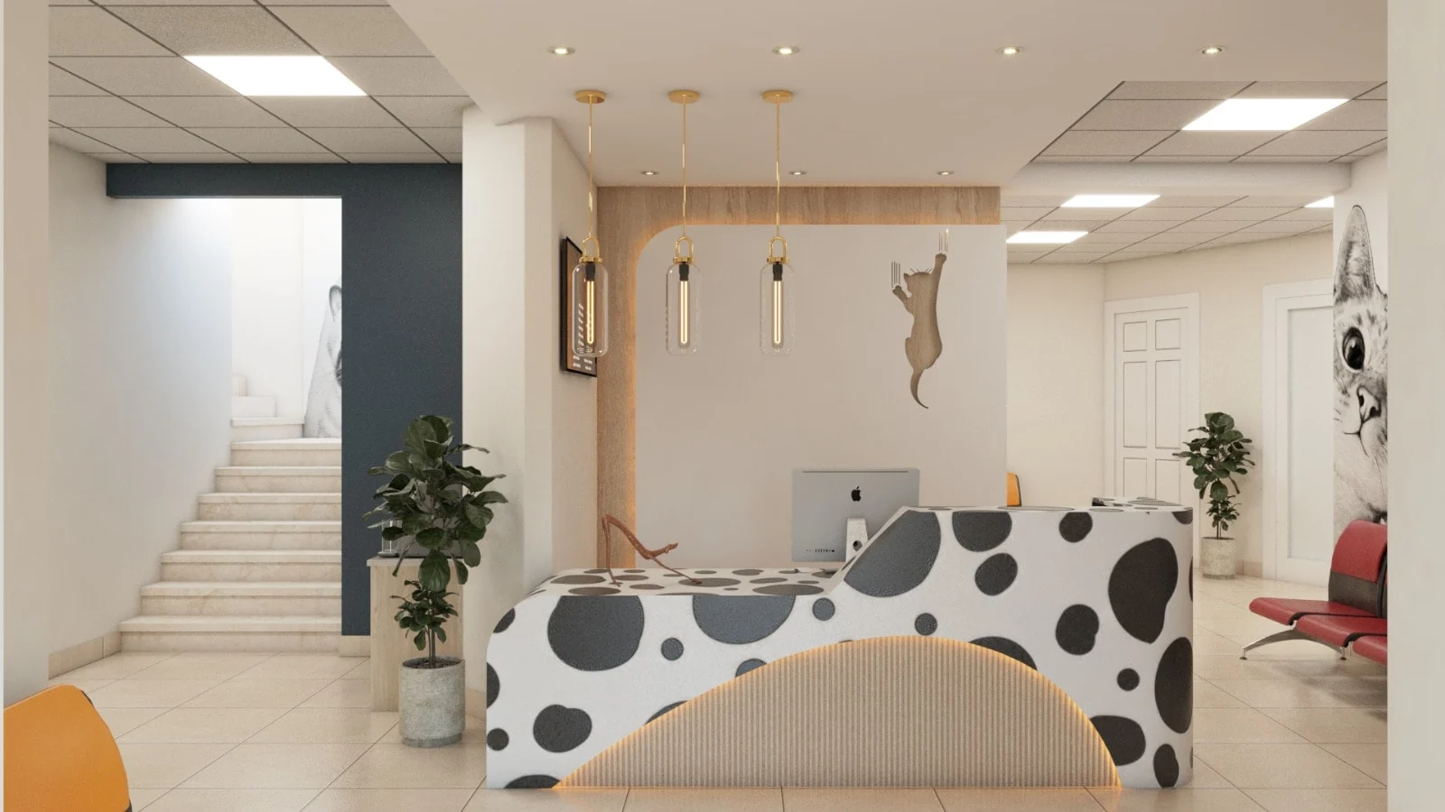 Veterinary Clinic — Front view of the spotted reception desk with a lit fluted base, beside a staircase and a dark blue wall