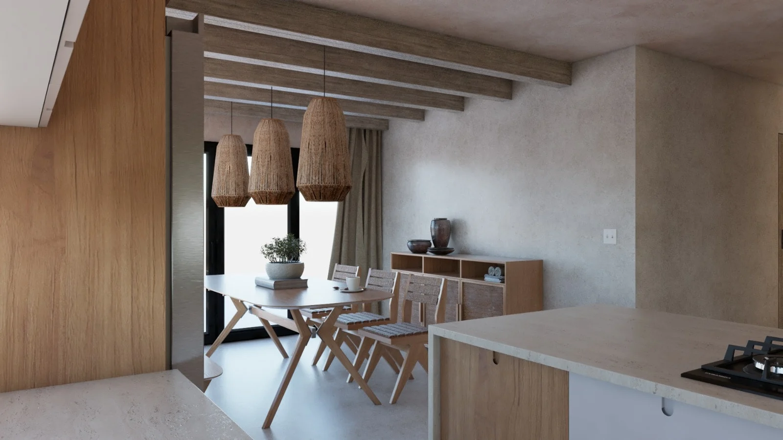 Villa Colibrí — Dining area seen from the kitchen, with three woven pendants over a wood table and a low sideboard