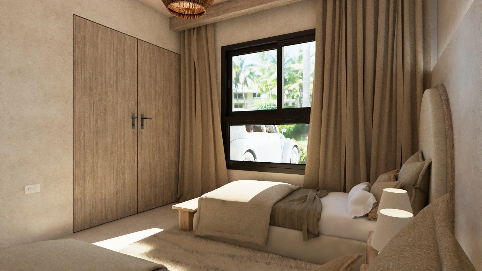 Villa Colibrí — Bedroom with flush wood wardrobe doors and a window onto palm trees between linen-look curtains