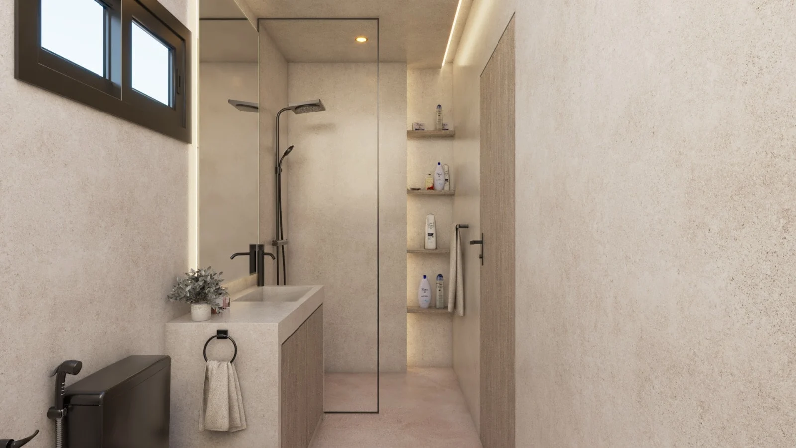 Villa Colibrí — Narrow bathroom with a stone-look sink, black faucets, a glass shower screen and lit niche shelves