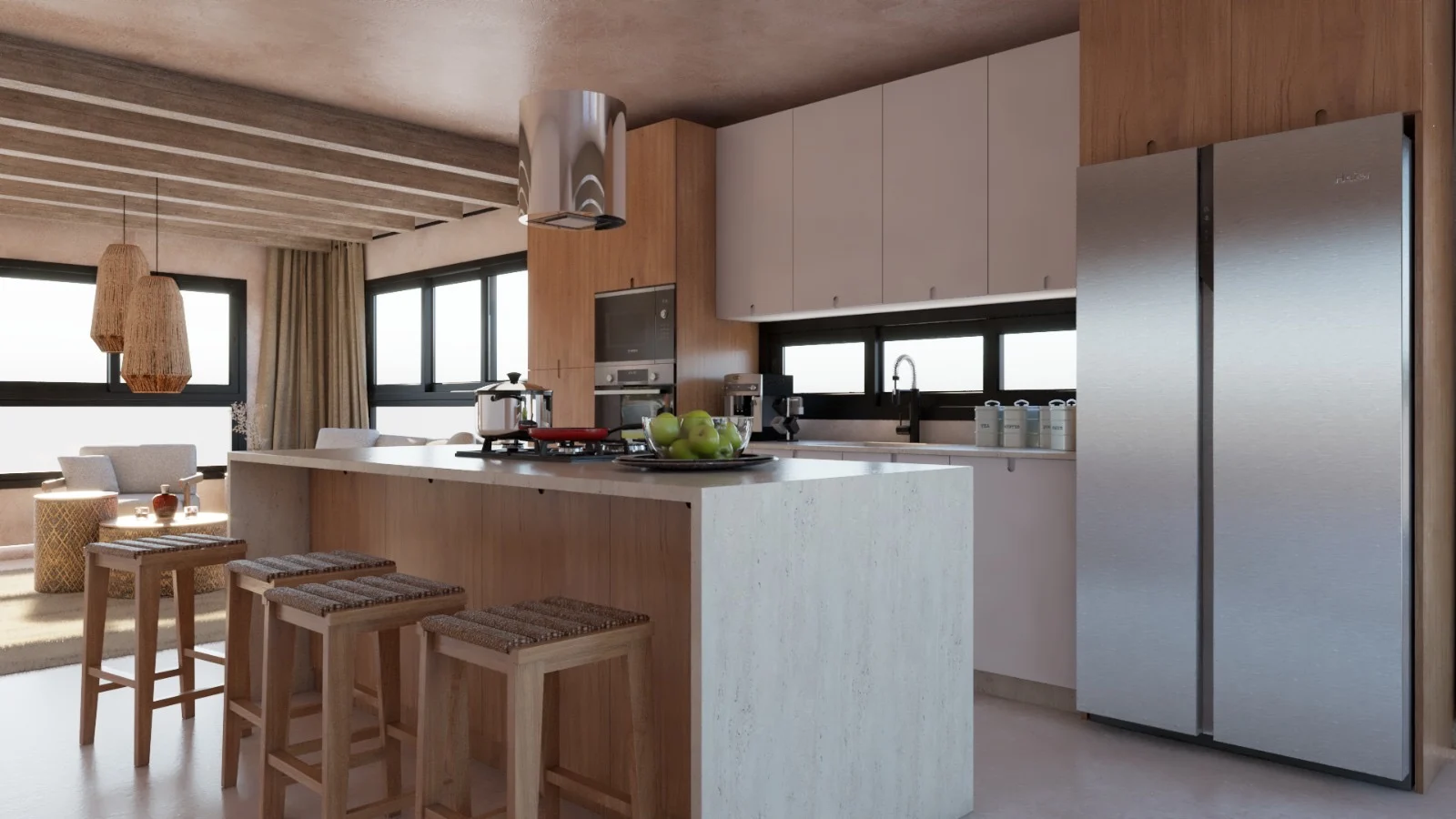 Villa Colibrí — Kitchen with a stone-look island, woven-seat stools, a stainless double-door fridge and a round hood