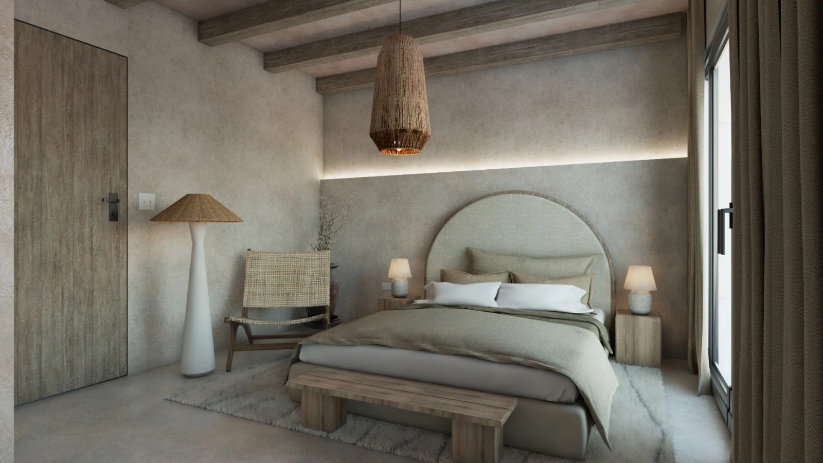 Villa Colibrí — Bedroom with a woven sling chair, a floor lamp with a woven shade and an arched headboard under wood beams