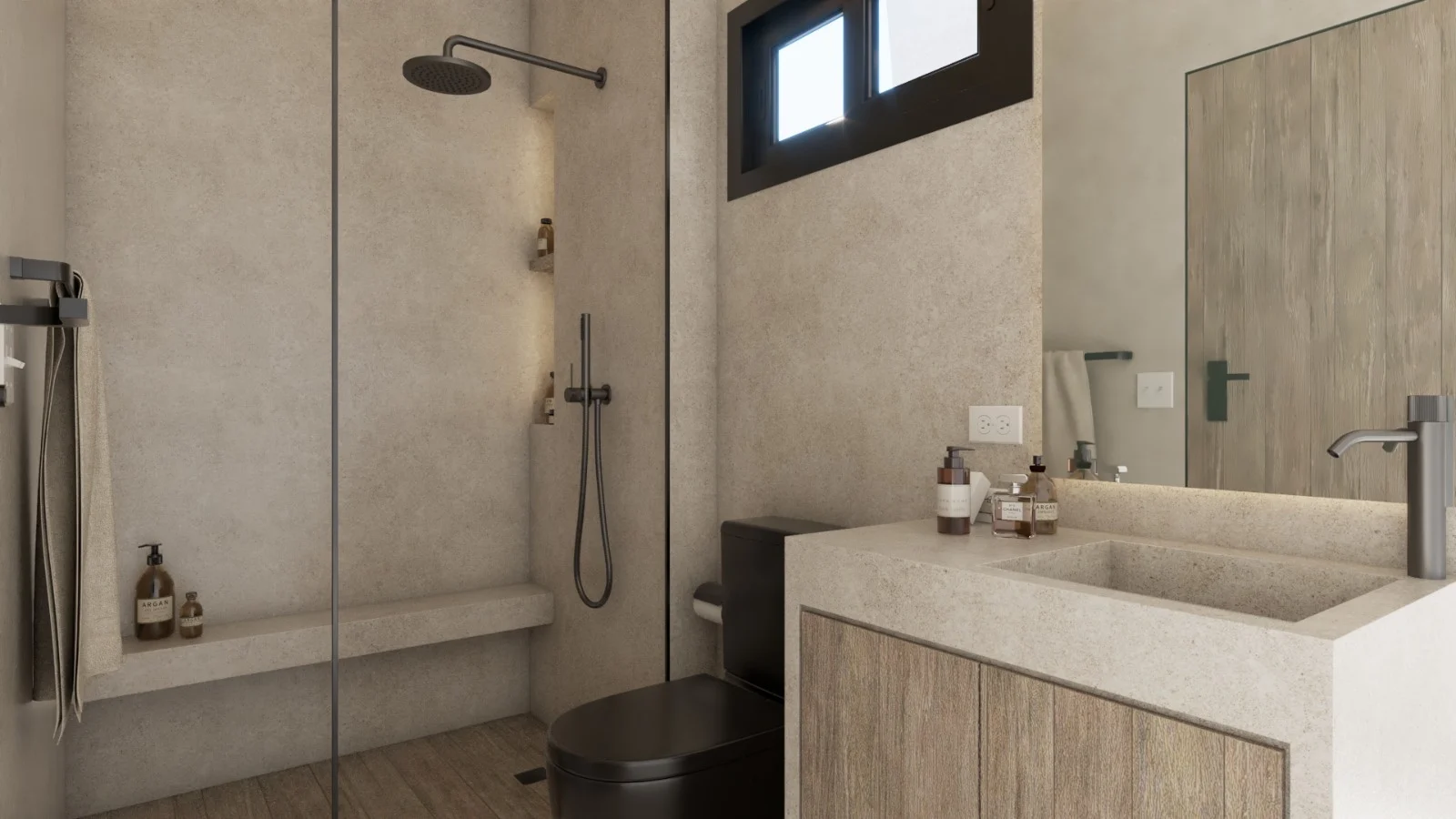 Villa Colibrí — Bathroom with a walk-in shower and built-in bench, a black toilet and a stone-look vanity with wood doors