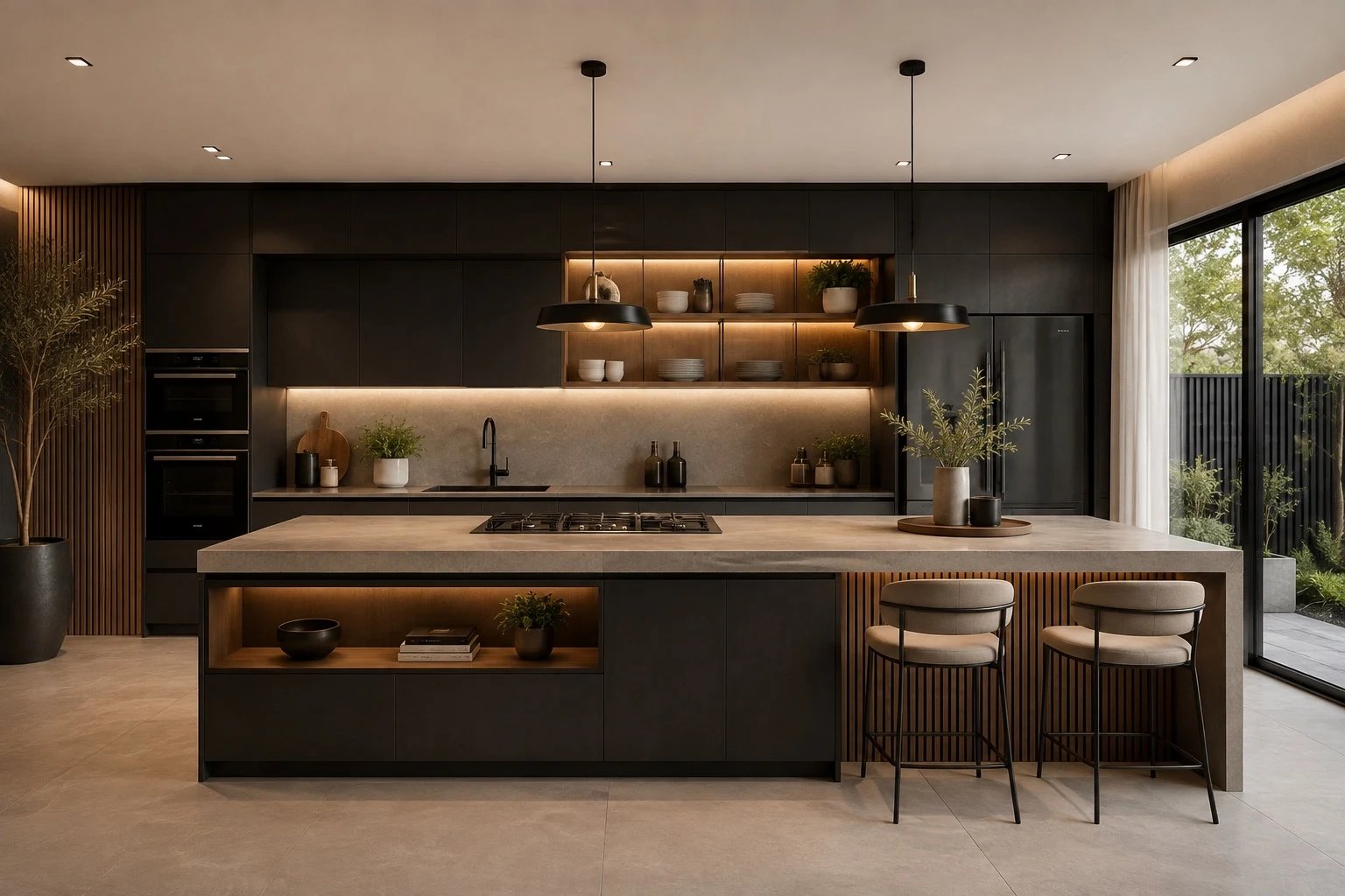 Kitchen with black cabinetry, a stone-look island with two upholstered stools and lit open shelves