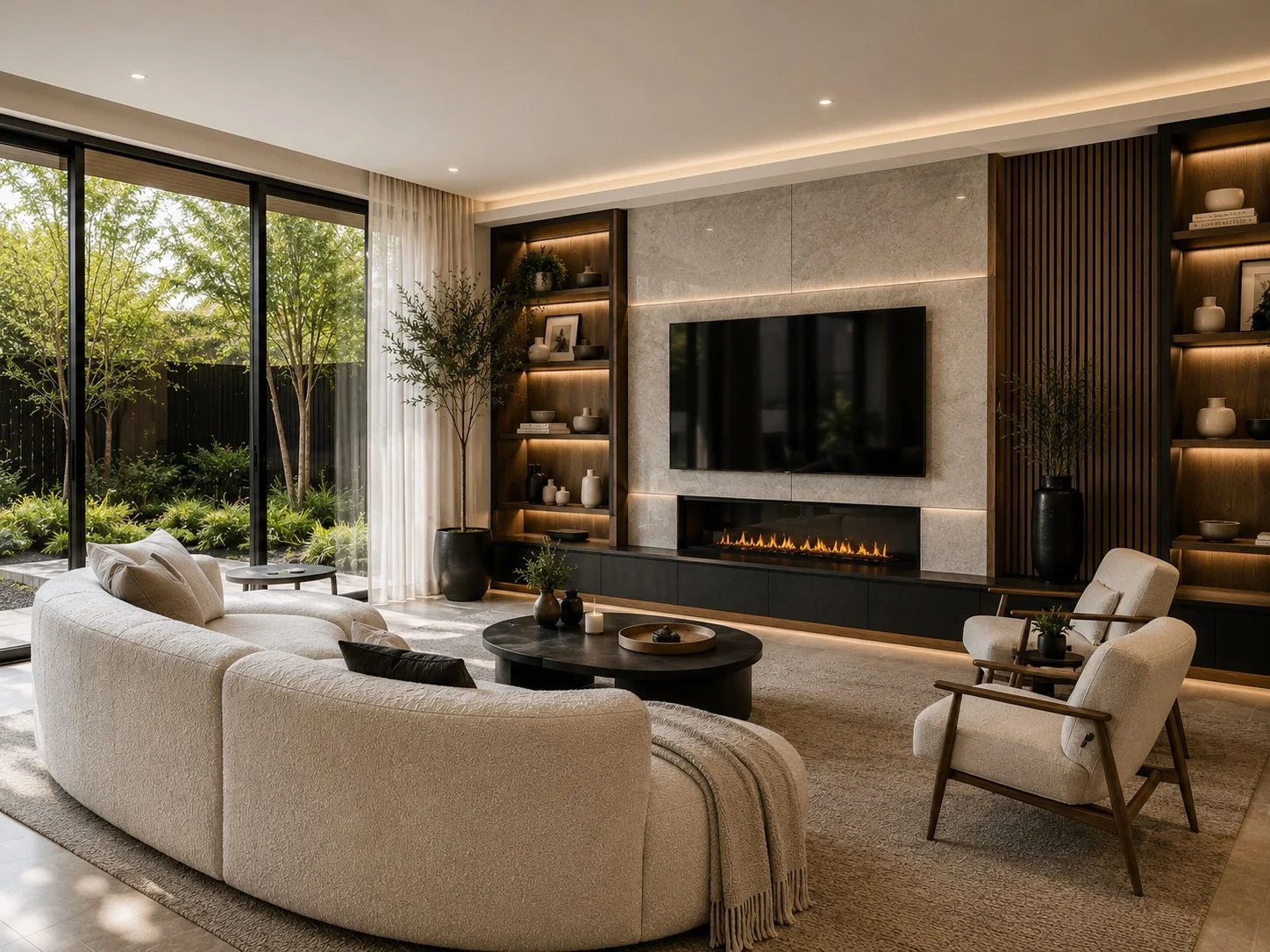Villa Serein — Living room with a curved cream sofa facing a linear fireplace and TV wall flanked by lit shelves