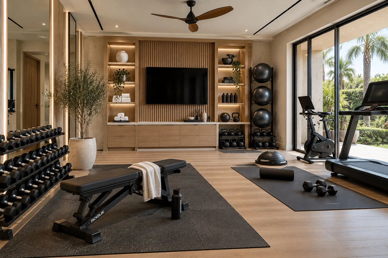 Villa Serein — Home gym with a dumbbell rack, a weight bench, exercise balls and a wood-slat wall with a TV