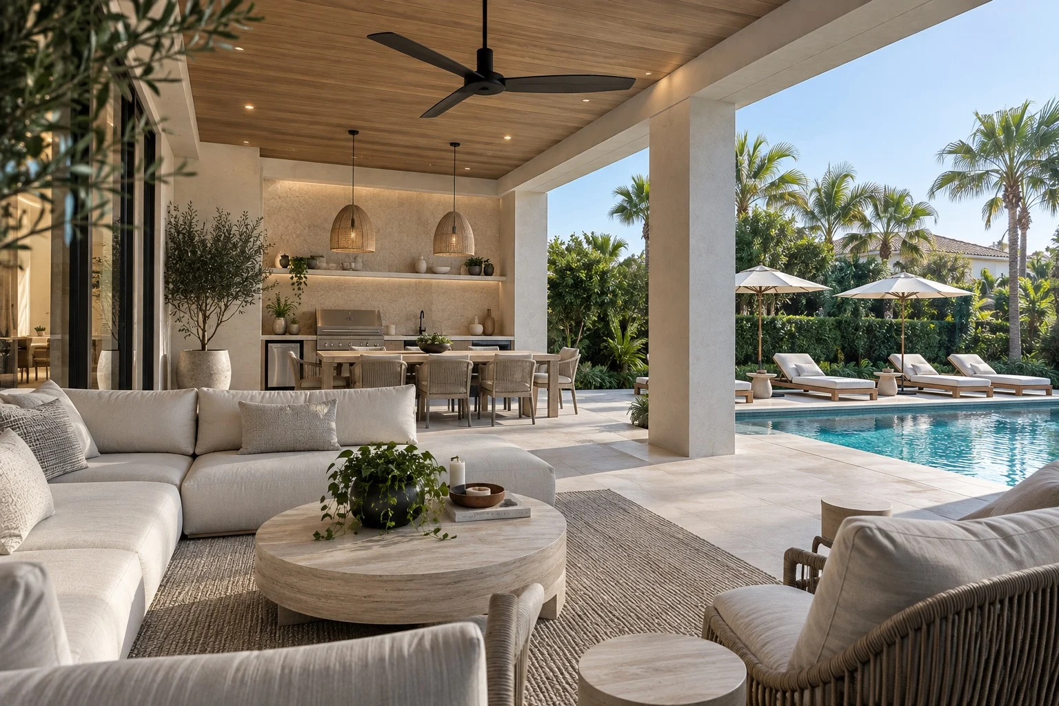Villa Serein — Covered terrace with a cream sectional and a round coffee table, an outdoor kitchen and the pool beyond