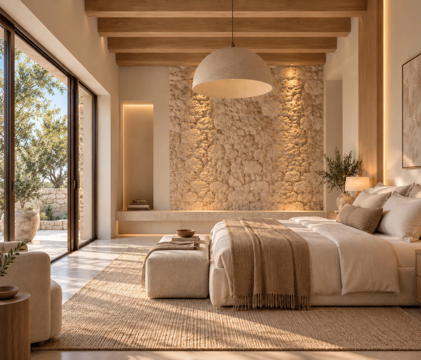 Villa Toscana — Bedroom with a rough stone wall lit from above, timber beams, a dome pendant and sliding glass doors to a terrace