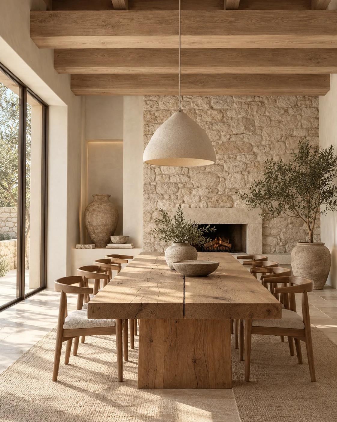 Villa Toscana — Dining room with a thick plank table and curved wood chairs in front of a stone fireplace, under a textured dome pendant