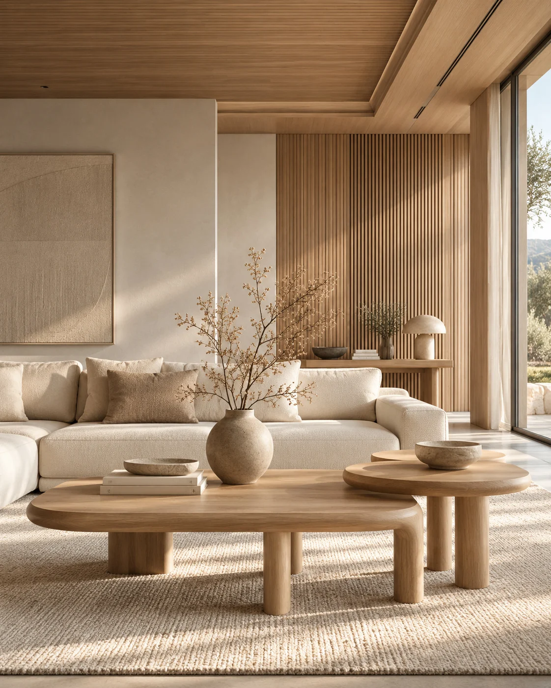 Villa Toscana — Living room with a cream sofa, two rounded low wood tables and a wall of fine vertical timber slats