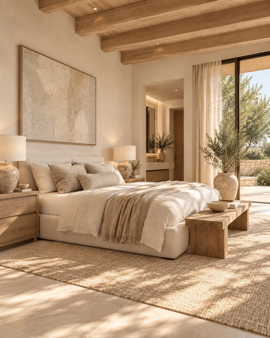 Villa Toscana — Bedroom with an upholstered bed under timber beams, a large textured artwork and an olive tree by the glass door