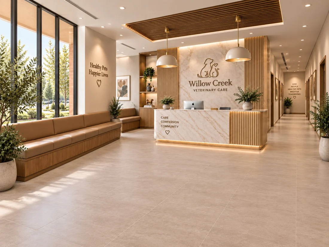 Willow Creek Veterinary Care — Reception with a veined-stone desk before a dog-and-cat logo wall and a long bench by the windows