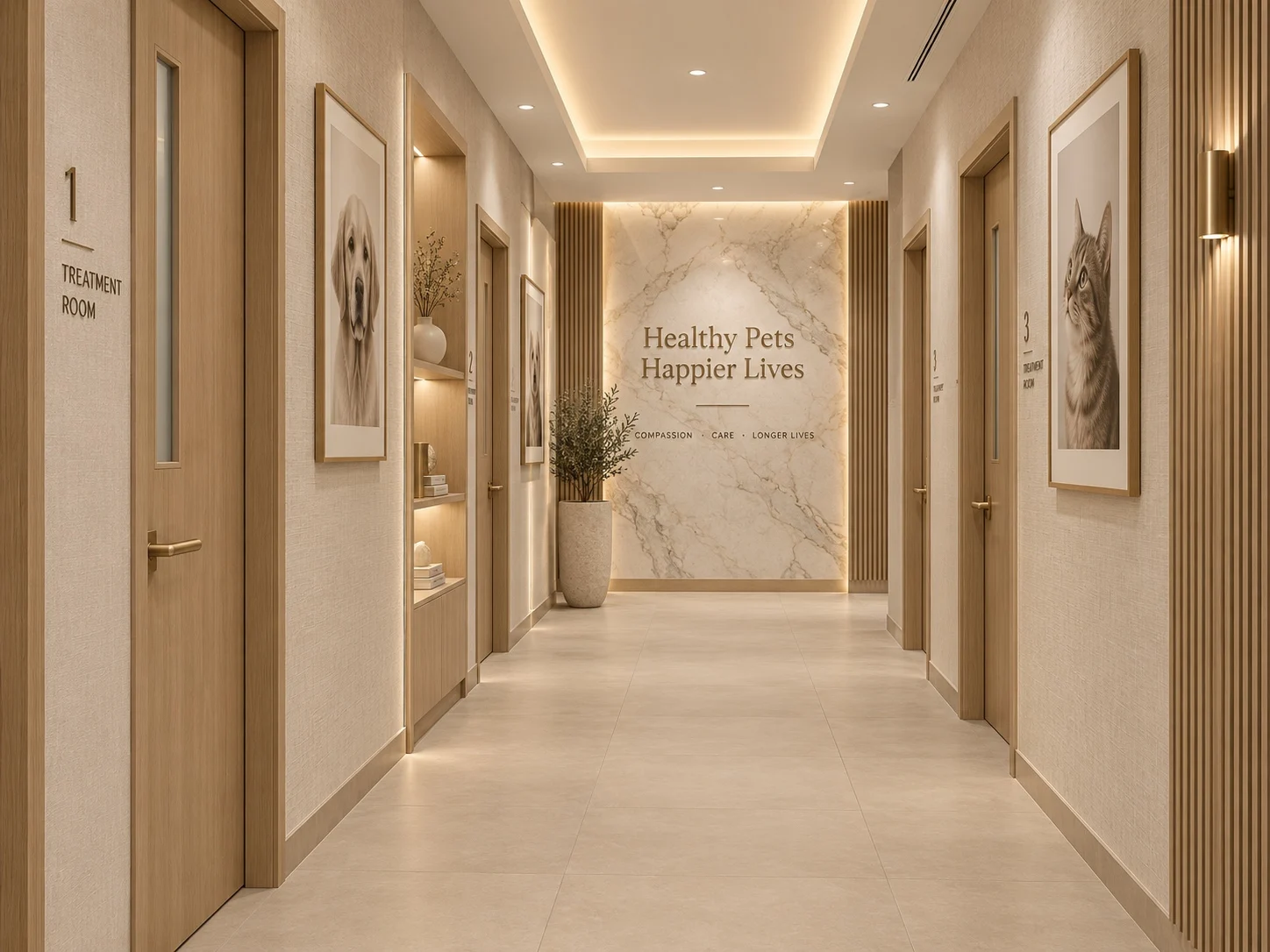 Willow Creek Veterinary Care — Corridor with wood doors and framed dog and cat portraits, ending at a veined wall reading “Healthy Pets Happier Lives”