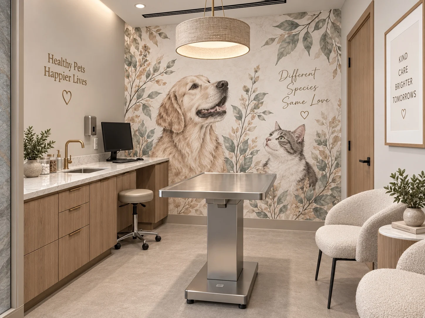 Willow Creek Veterinary Care — Exam room with a stainless table under a drum pendant, cream armchairs and a mural reading “Different Species Same Love”