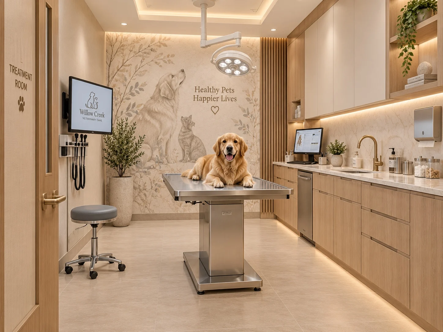 Willow Creek Veterinary Care — Exam room with a golden-haired dog on the stainless table, an exam light and light wood cabinets