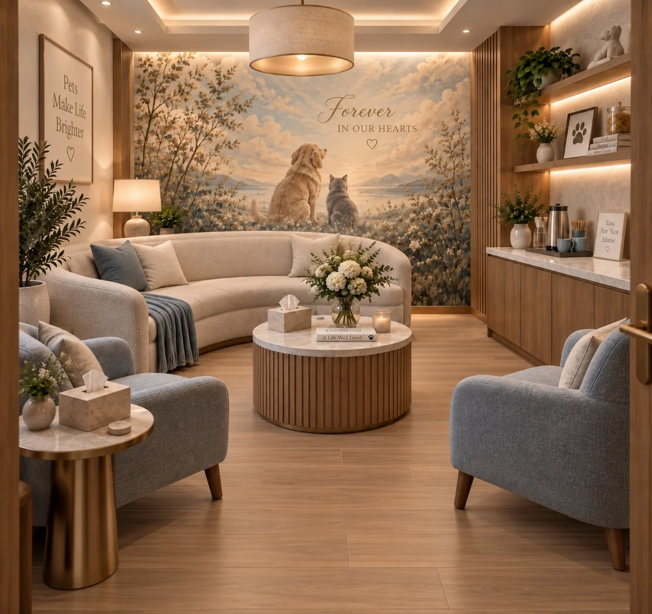 Willow Creek Veterinary Care — Lounge with a curved cream sofa, blue armchairs and a mural of a dog and cat by a lake reading “Forever in our hearts”