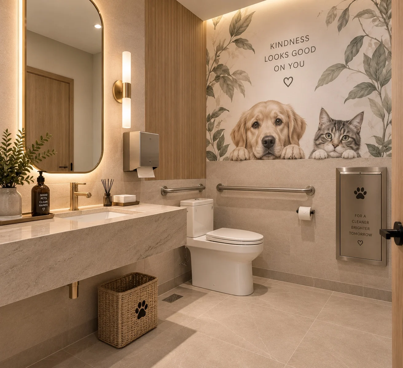 Willow Creek Veterinary Care — Restroom with a stone-look vanity, grab bars and a mural of a peeking dog and cat reading “Kindness looks good on you”